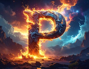 Glowing, fiery letter "P" amidst a dramatic landscape of mountains, flames, and celestial skies