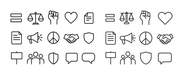 Collection of minimalist outline icons for communication and social justice