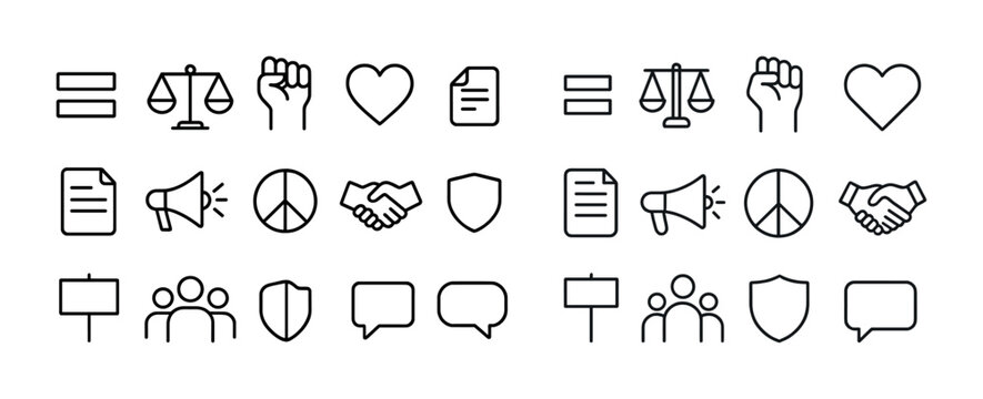 Collection of minimalist outline icons for communication and social justice