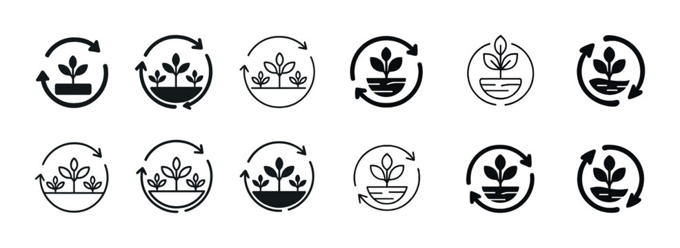 Set of eco-friendly plant growth icons with arrows for sustainability themes