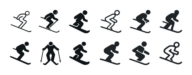 Silhouette icons of skiers and snowboarders in various poses