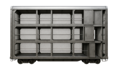 Triple-deck autorack featuring sliding side access and steel mesh panels.