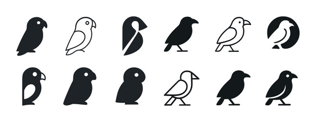 Fototapeta premium Minimalist bird icons collection: parrot, raven, owl, sparrow designs