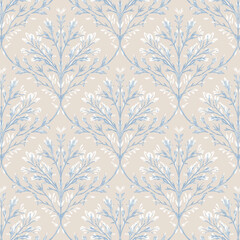 Fototapeta premium Winter Tree Demask Pattern – Beige Background with White and Blue Snowy Trees for Phone Cases, Bags, Merchandise, Prints, and Accessories