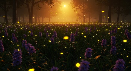 Glowing fireflies dance above purple flowers in a tranquil, fog-laden park at dusk