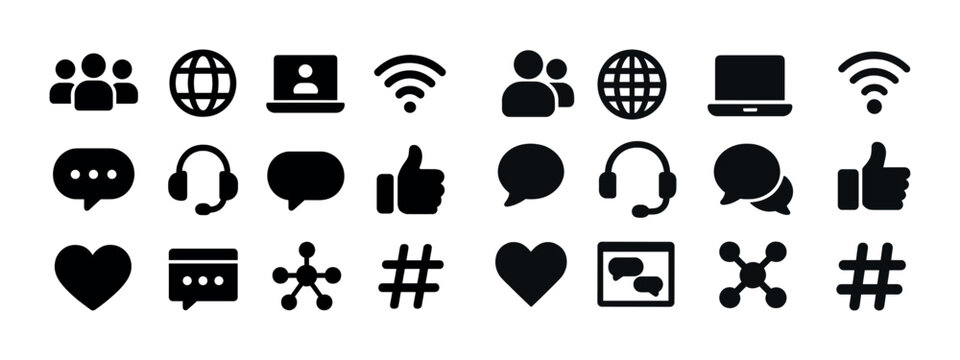 Communication and technology icons set: social media, internet, devices, connection symbols