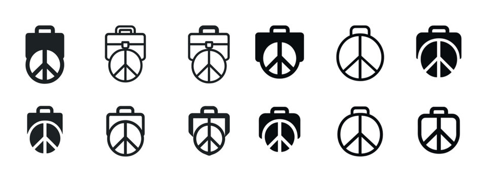 Set of black and white briefcase peace icons in various styles