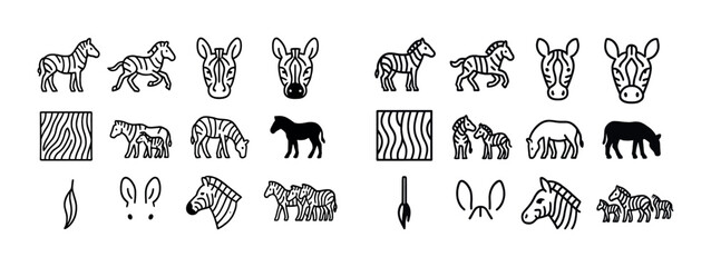 Obraz premium Zebra patterns and icons: heads, full bodies, and stripes in black and white illustration