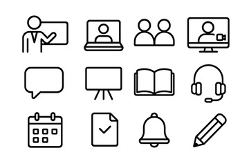Distance Learning Icons. Distance learning icons. Line outline icon set of distance learning icons: teacher,