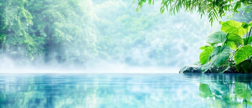 A serene landscape featuring tranquil blue water, vibrant green leaves, and a misty mountain backdrop, bathed in gentle sunlight.