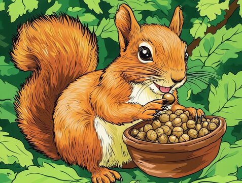 Cartoon Squirrel Holding a Bowl of Nuts in a Green Forest Setting