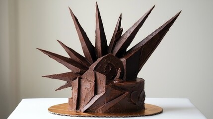 A detailed chocolate cake decorated with sharp, angular chocolate shards and geometric frosting patterns, presented on a white surface with a neutral background