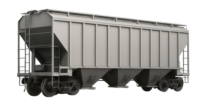 Three-bay hopper car featuring ribbed sides and bottom discharge chutes.