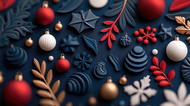 A collection of various Christmas ornaments, including baubles, snowflakes, and foliage, are arranged in a scattered pattern on a dark blue surface. The decor f