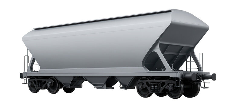 V-shaped hopper car featuring an aerodynamic roof and automated bottom discharge doors.