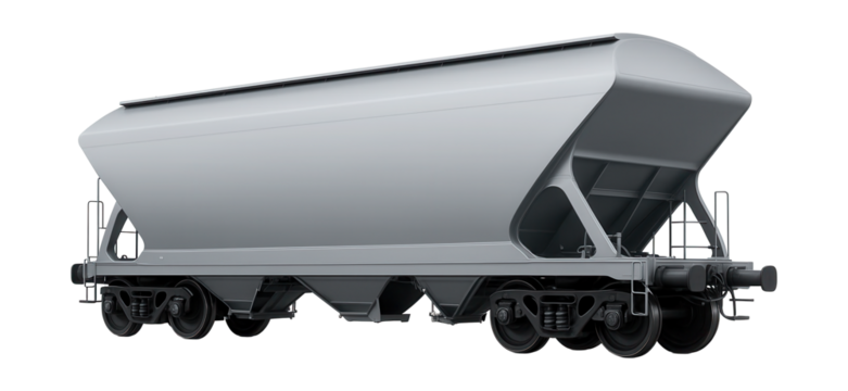 V-shaped hopper car featuring an aerodynamic roof and automated bottom discharge doors.