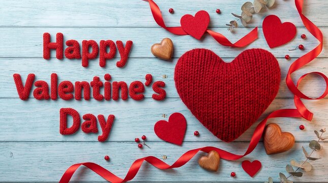 Happy valentine and hearts special. Happy Valentine's Day with red hearts and ribbons on a blue wooden background.