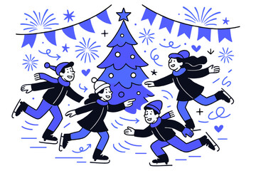 Festive Skating Celebration. Winter festival. Skaters move around a decorated tree, banners waving above.
