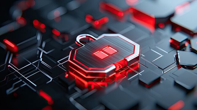 A 3D render of a metallic padlock icon with illuminated red lines and squares, set against a dark, abstract technological background with circuit board patterns