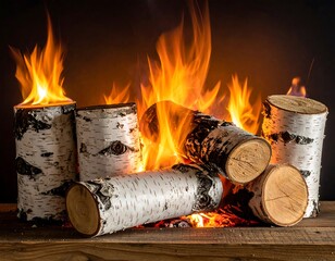 Glowing flames engulf birch logs, providing a cozy and warm scene on a wooden surface