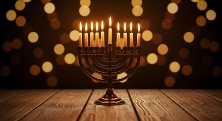 Hanukkah menorah with burning candles on wooden table and bokeh lights