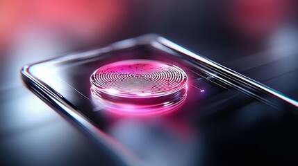 A close-up view of a smartphone screen with a glowing pink fingerprint scanner. The futuristic design and lighting create a sense of advanced technology.