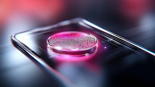 A close-up view of a smartphone screen with a glowing pink fingerprint scanner. The futuristic design and lighting create a sense of advanced technology. - Powered by Adobe