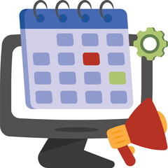 Digital Calendar on Computer Screen with Megaphone and Gear Icon Representing Planning Scheduling and Announcement on Transparent Background