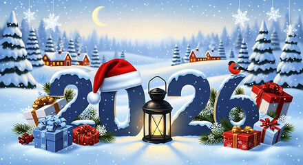 2026 blue numbers with santa hat lantern and gifts in snowy forest year christmas