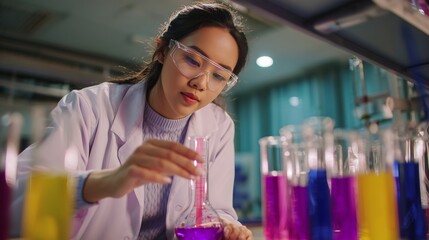 Young Female Scientist Conducts Experiment with Colorful Chemicals in Lab; Focused on Precision and Scientific Discovery