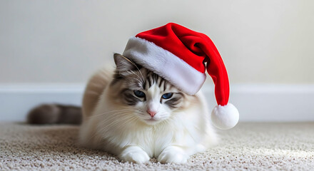 Fluffy white cat with blue eyes wearing a red Santa hat indoors christmas holiday