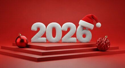 Fluffy white 2026 numbers with Santa hat and red ornaments on red steps year christmas