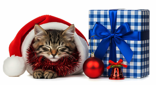 Kitten wearing Santa hat with Christmas decorations and gift box image - Powered by Adobe
