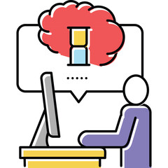 Human figure working on computer with hourglass in speech bubble symbolizing time management and deadlines concept with red cloud overhead and yellow desk and keyboard on transparent background flat