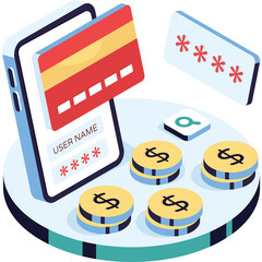Digital Payment Security Concept Illustration With Smartphone Credit Card Coins and Password Input Field on Transparent Background Isometric View