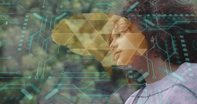 Woman tilting, shifting gaze in park, activating golden brain and teal HUD overlays for tech demo