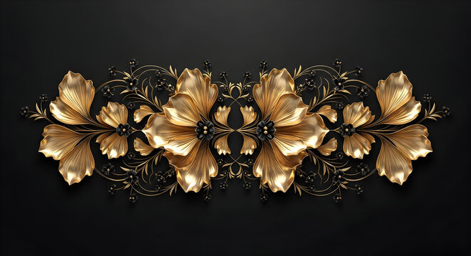 Symmetrical golden floral ornament with intricate details against a dark background.