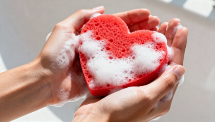 Red heart-shaped sponge with bubbles held in hands over sink