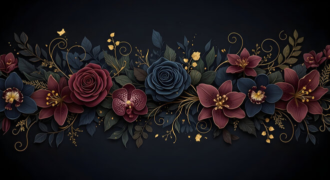 Elegant floral border with dark red and blue roses and gold accents on a black background.