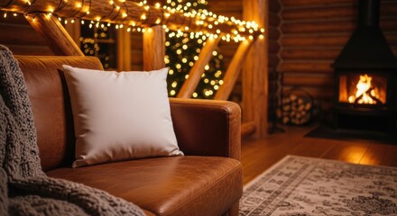 Obraz premium Cozy Christmas Living Room with Fireplace and Lights.