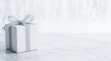 Elegant White Gift Box with Ribbon on Marble Surface.