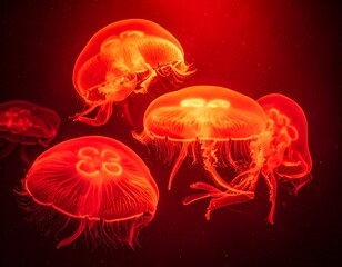 Fototapeta premium Glowing jellyfish drift in a dark, red-lit ocean, their translucent bodies illuminated