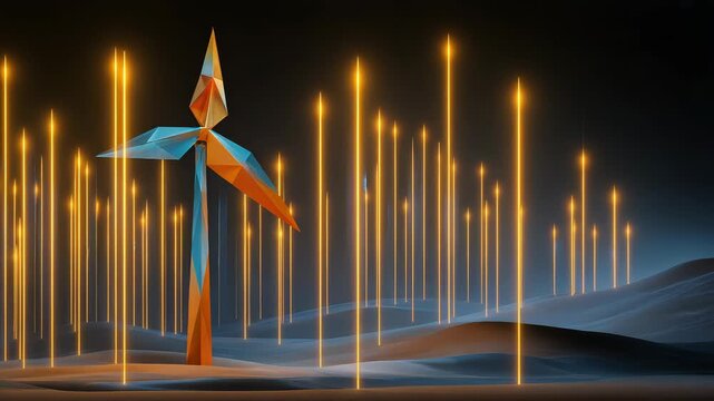 Futuristic windmill with light trails and geometric design landscape