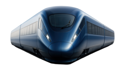 Streamlined train with a curved front and uninterrupted side windows.