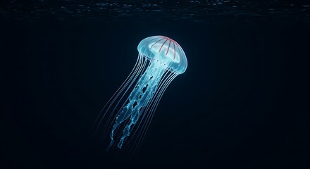 Glowing jellyfish floats in deep, dark water. Its translucent body and tentacles are visible