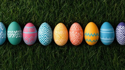 A row of vibrantly colored Easter eggs, each decorated with unique white patterns, are neatly arranged on a bed of lush green grass under bright daylight.