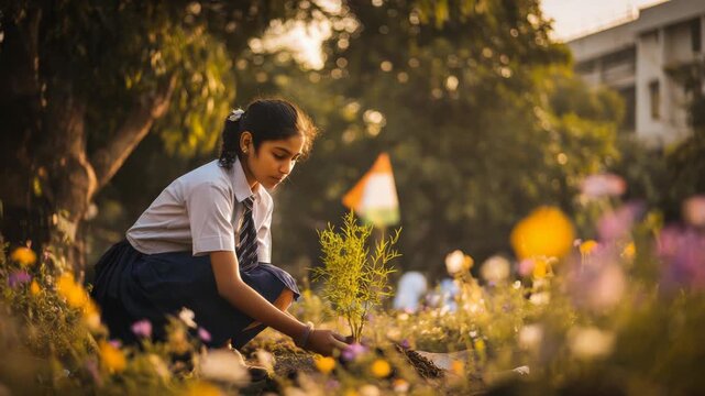 Young girl planting a tree seedling in a flower meadow for nature conservation