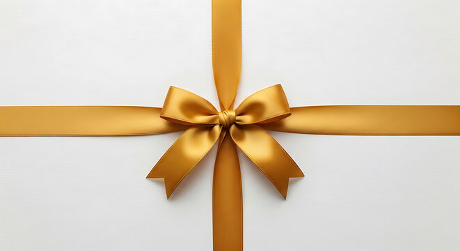Golden satin ribbon tied in a bow on a white textured surface silk - Powered by Adobe