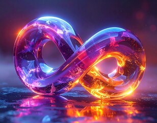 Glowing, glass-like figure-eight symbol, with orange, purple, and blue hues