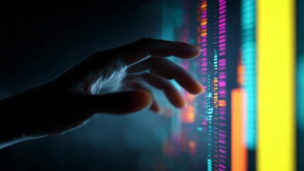 Human hand interacting with digital interface of data visualization - Powered by Adobe